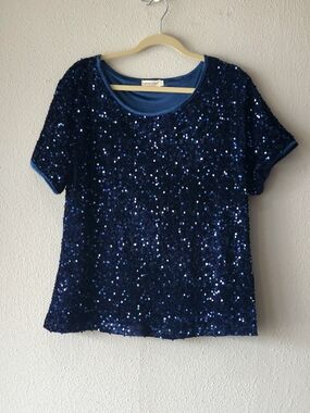 Anna-Kaci Navy Blue Sequin Short Sleeve Top PLUS SIZE XXL PETITE